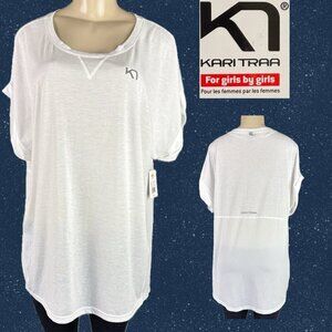 Kari Traa XL Logo White Crew Neckline Mesh Panels Step- Hem Short Sleeve T-Shirt
